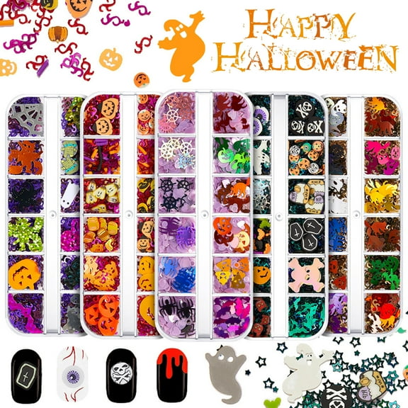 Happy Date Halloween Nail Art Glitter Sequins, 3D Holographic Skull Spider Pumpkin Bat Ghost Witch Halloween Confetti Glitter for DIY Nail Art Halloween Party