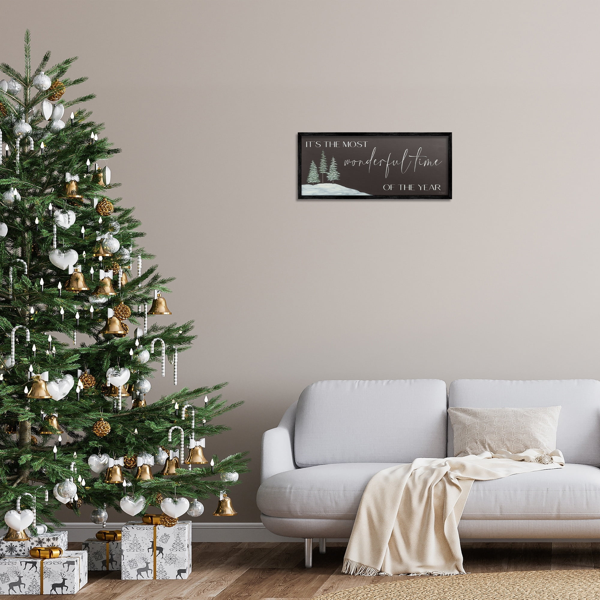 Most Wonderful Time Holiday Phrase Snowfield Trees Inspirational Graphic Art Framed Art Print Wall Art
