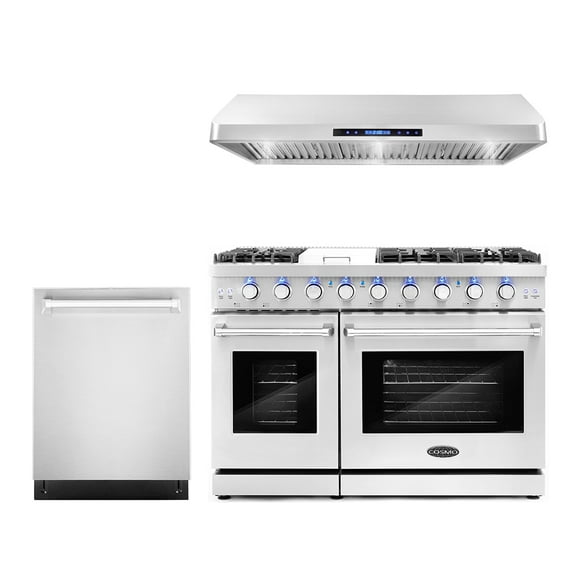 Cosmo 3 Piece Kitchen Appliance Packages with 48" Freestanding Gas Range Kitchen Stove 48" Under Cabinet Hood & 24" Built-in Fully Integrated Dishwasher Kitchen Appliance Bundles