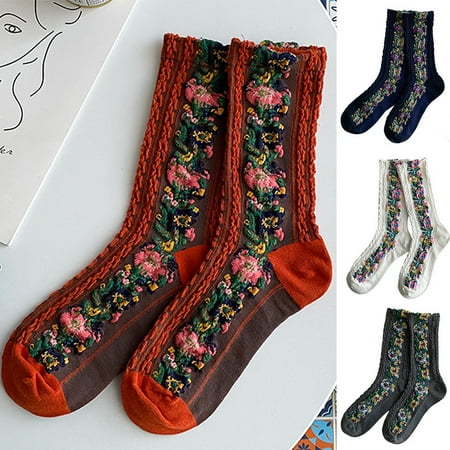 

Visland Women Middle Tube Socks Fashion Casual Flower Pattern Ethnic Print Twist Design Soft Cozy Elastic Knitted Cotton Blend Autumn Winter Foot Warm Crew Socks for Outdoor Daily Wear