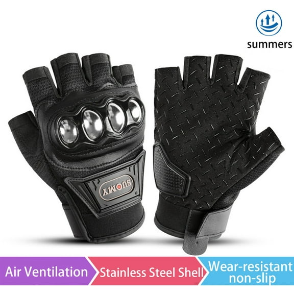 SapphireShack Half Finger Motocycle Gloves for Summer, Nylon, Stainless Steel Shell Breathable Lightweight Motorcyle Gloves, Touchscreen Motorcycle Riding Gloves for Road Racing( Black,XL,1 Pairs)
