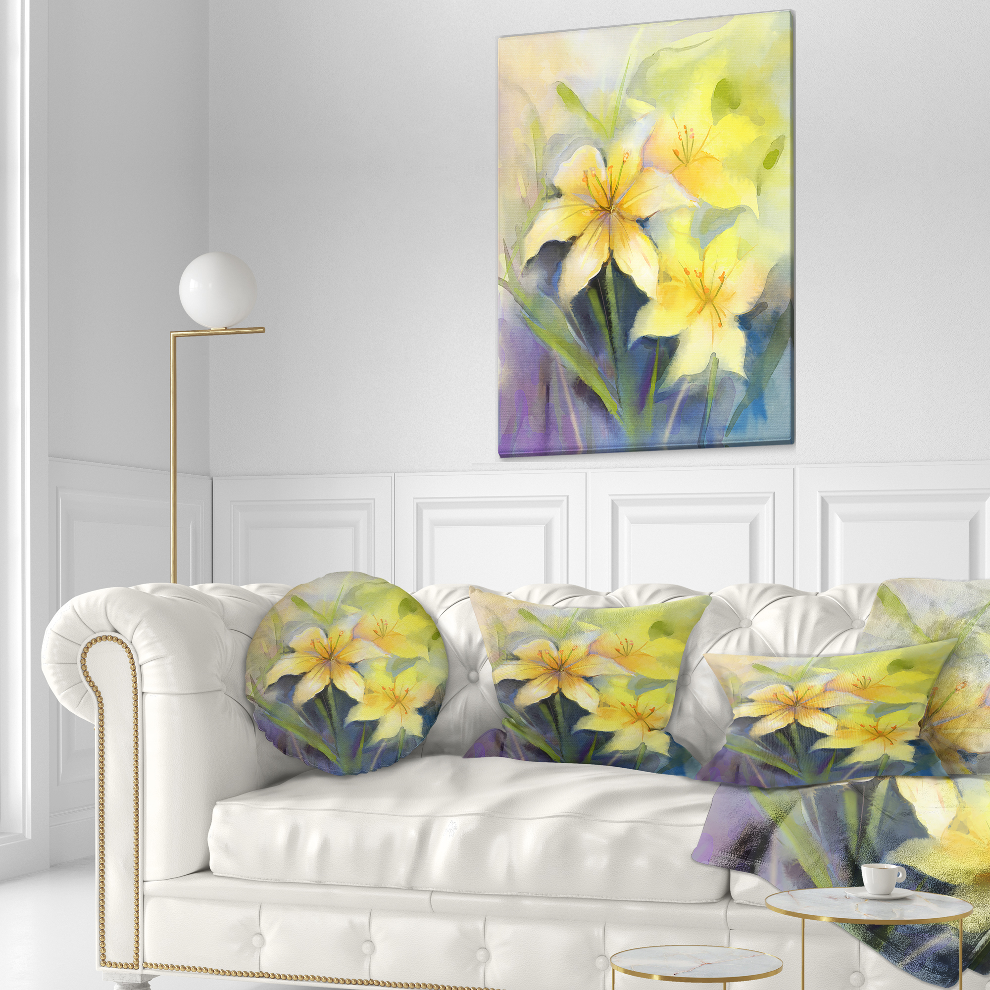 Designart Watercolor Painting Yellow Lily Flower - Floral Throw Pillow - 12x20