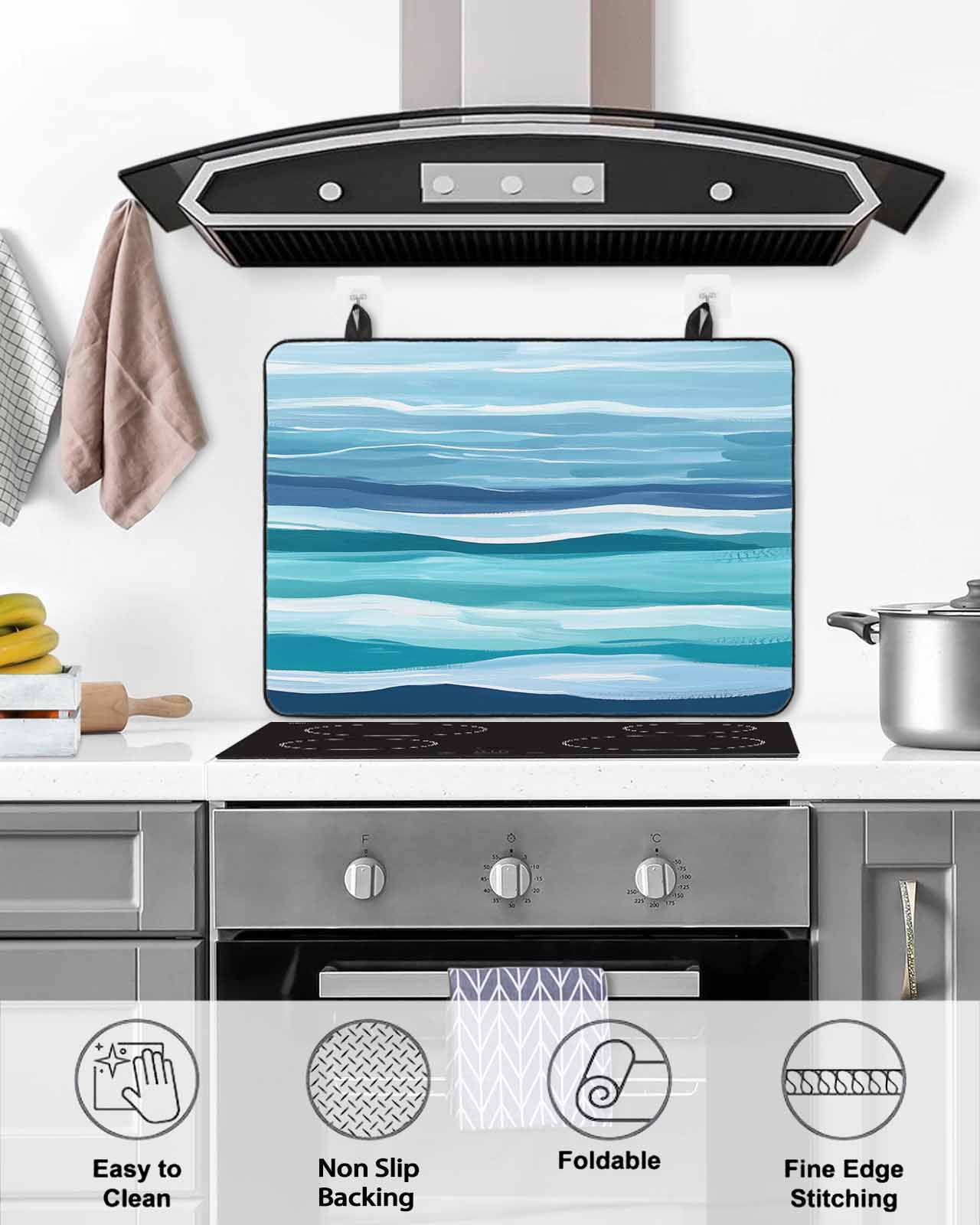 nqOlkjepod Large Induction Cooktop Protector Mat 36"x21", Ocean Beach Stove Top Covers for Electric Stove, Modern Blue Coastal Wave Oil Painting Art Stove Burner Cover Mats, Glass Top Stove Cover