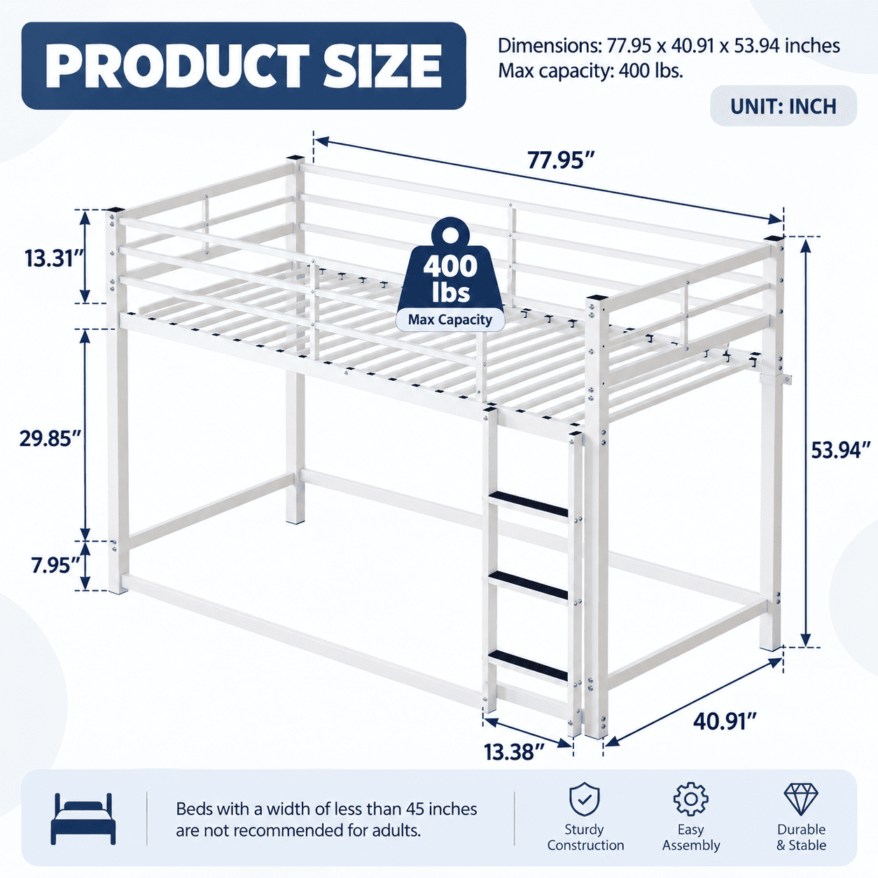 Miniyam Twin Over Twin Metal Bunk Bed with Full-Length Guardrails and Built-In Ladder, White