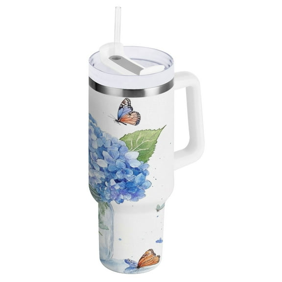 Stainless Steel Tumbler with Straw and Handle, Double Wall Insulated Tumblers, Hydrangeas and Butterflies
