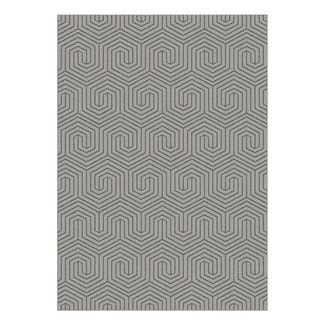 Mainstays Geometric Washable Indoor Area Rug, Gray, 5' x 7' with a machine-tufted polypropylene surface featuring a repeating hexagonal spiral pattern in gray and silver tones, non-skid rubber backing, and machine washable for easy care, ideal for living rooms, bedrooms, or home offices.