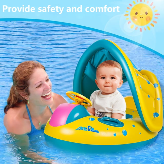 Muyoka Flotador de natación para bebés Flotador de piscina inflable para niños pequeños con dosel y soporte inferior para nadar más seguros Sombrilla Flotador submarino con volante para la edad de 16 Muyoka Hogar