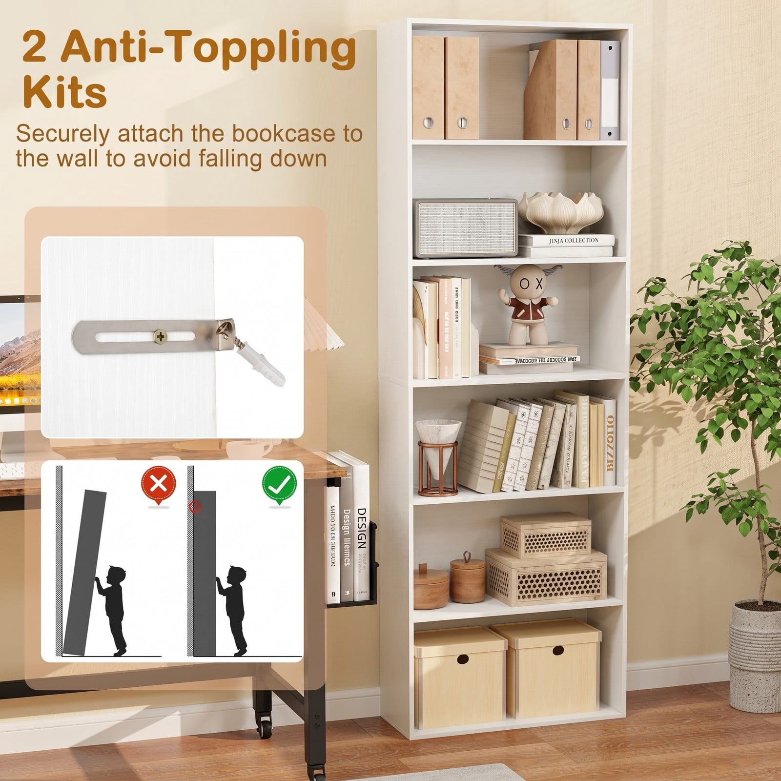 Furnibear 6-Tier Tall Bookcase with 6 Open Shelves, Freestanding Wood Bookshelf Storage Organizer with Anti-Toppling Kits for Living Room Study Home Office, White