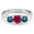 thumbnail image 3 of Gem Stone King 14K White Gold Red Created Ruby & Blue Diamond 3-Stone Engagement Ring | 1.14 Cttw | Round 5MM and 4MM | Three Stone Wedding Anniversary Promise Ring for Women (Size 9), 3 of 6