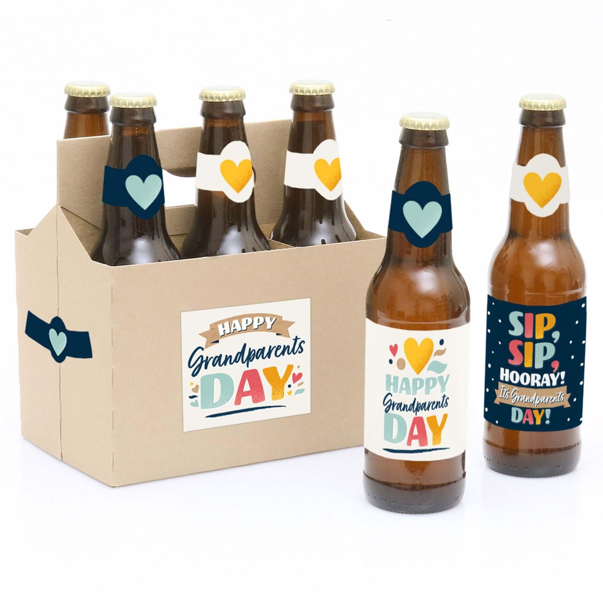 6 Beer Bottle Label Stickers and 1 Carrier Grandma & Grandpa Party Decorations for Women and Men Big Dot of Happiness Happy Grandparents Day 