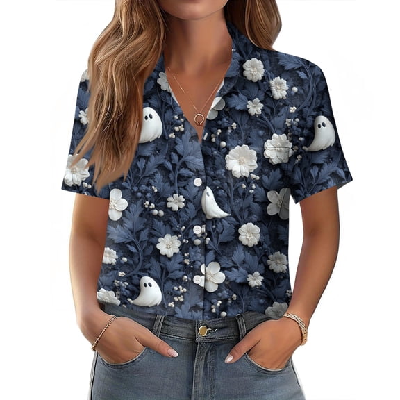Spooky Ghost Pumpkin Print Womens Button Down Halloween Shirts Short Sleeve V Neck Collar Fall Holiday Halloween Blouse Tops