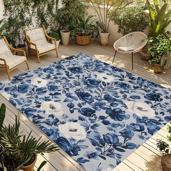 Fsddascl Navy Blue White Peony Outdoor Rug for Patio/Deck/Porch, Non-Slip Large Area Rug 4 x 6 Ft, Vintage Floral Blossom Indoor Outdoor Rugs Washable Area Rugs, Reversible Camping Rug Carpet Runner
