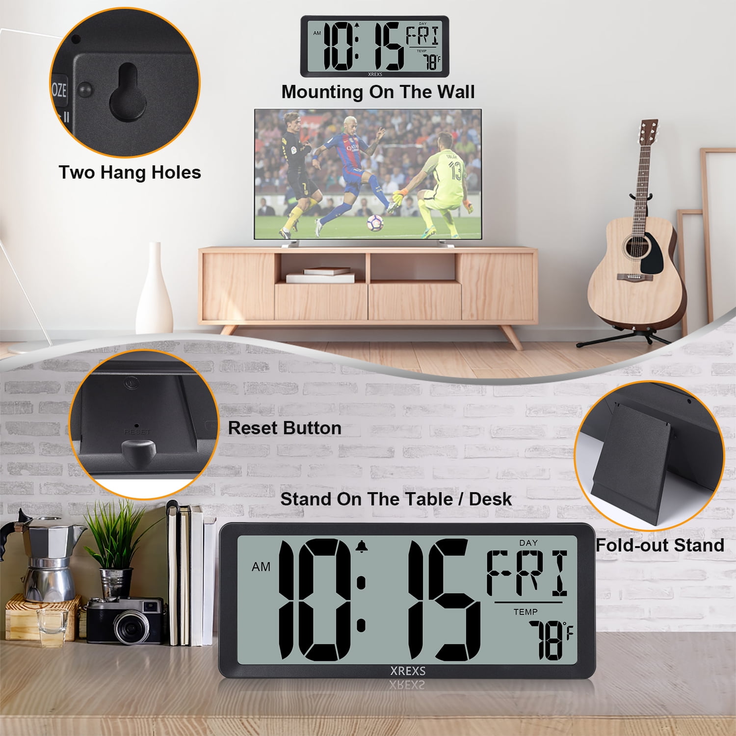 XREXS Large Digital Wall Clock, 14 Inch Large LCD Display Wall Digital Clock, Digital Alarm Clocks for Bedroom Home Decor, Calendar Clock with Time/Calendar/Temperature Display (Batteries Included)