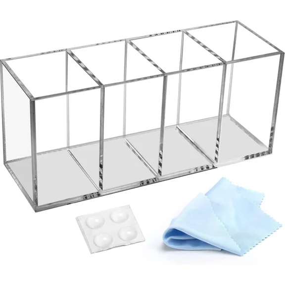 Acrylic Pen Holder 4 Compartments, Clear Acrylic Pencil Holders For Desk, Makeup