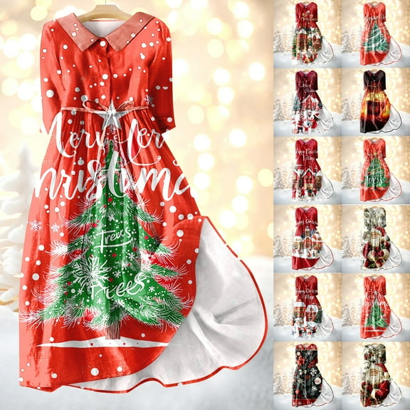 Christmas Dresses for Women Ladies Fashion Christmas Print Lapel Button-Down Seven-Quarter Cuff Strap-Up Dress with Merry Christmas for Christmas Party,Black,L