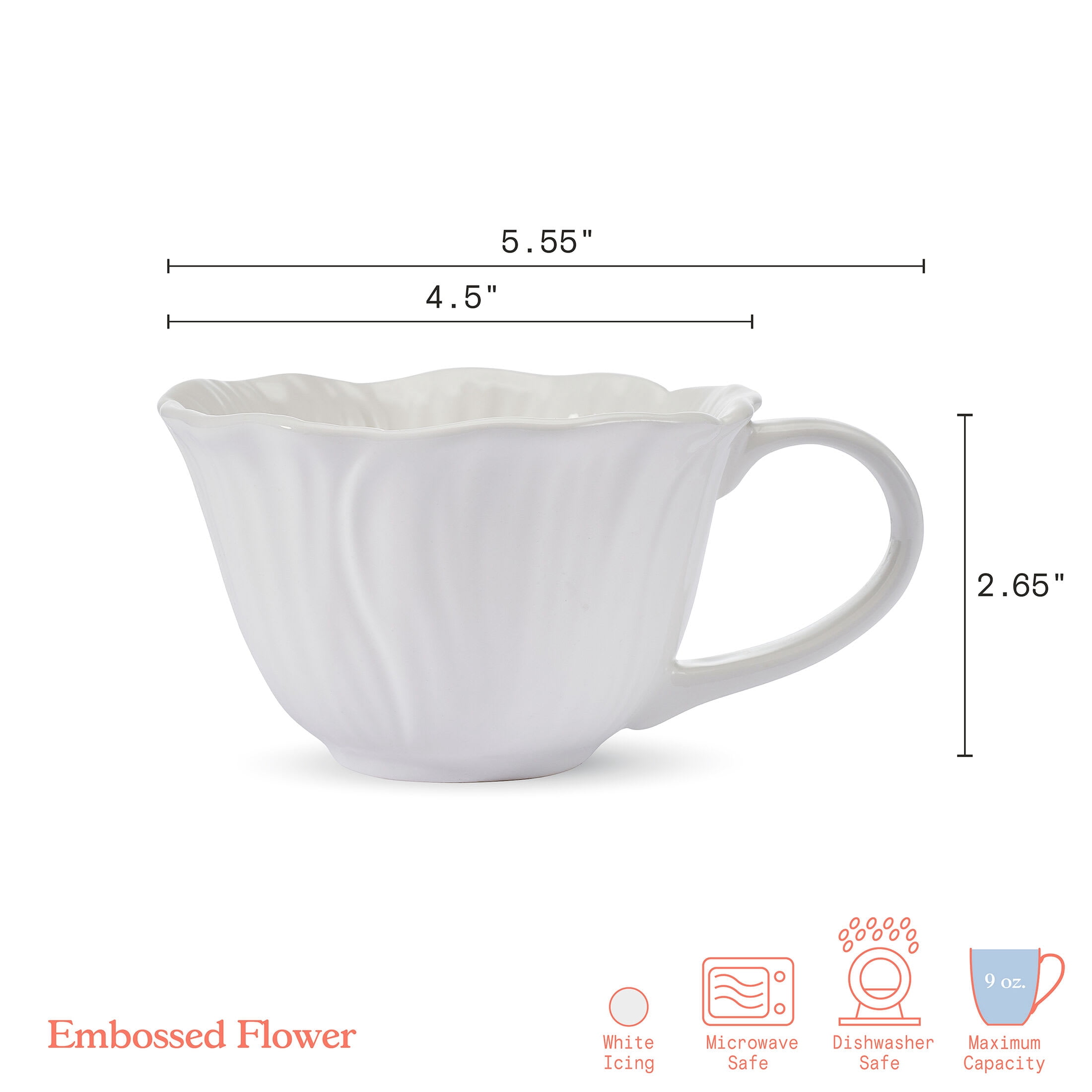 Beautiful by Drew Barrymore Embossed Flower Stoneware 9 fl oz Mug Set, 2 Piece, White