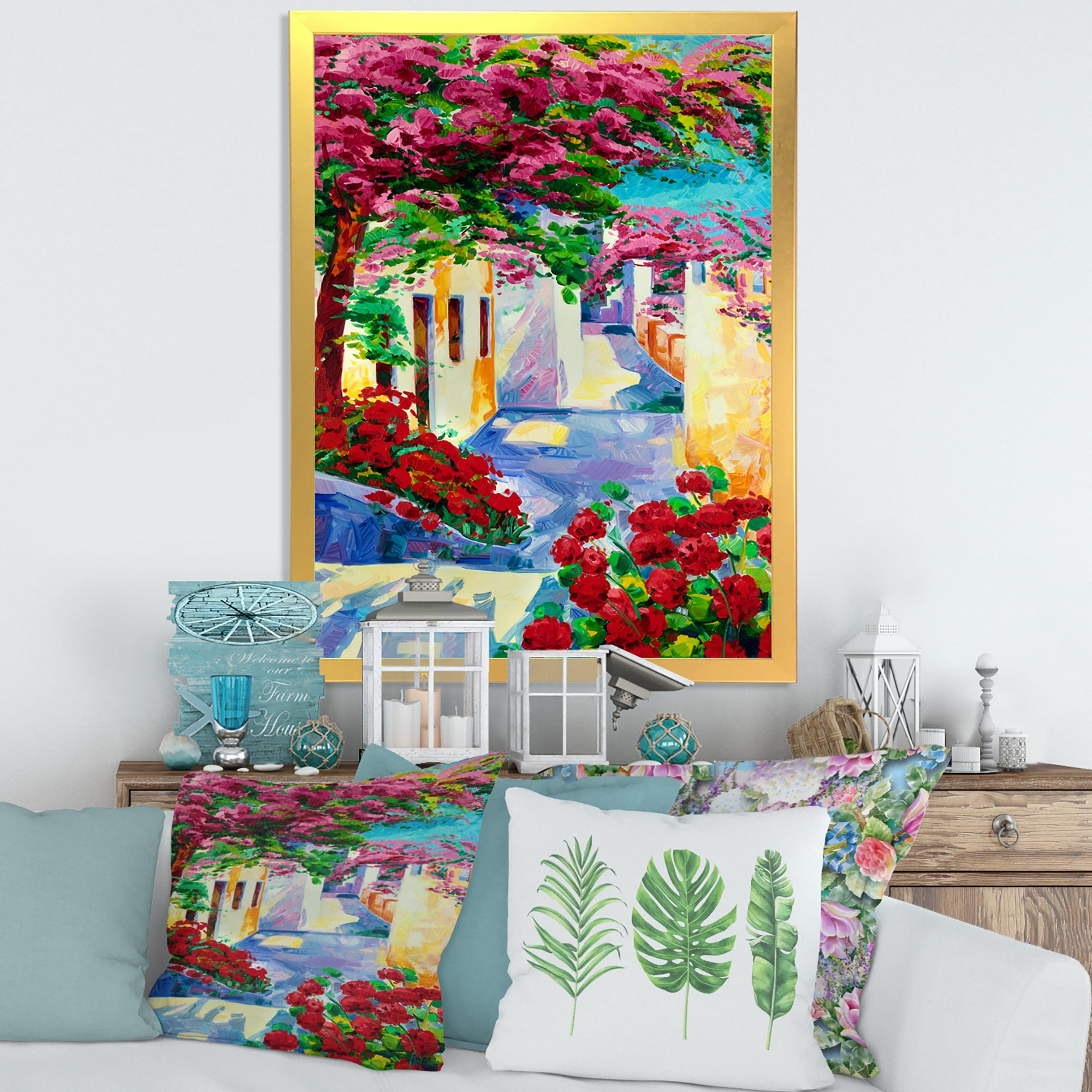 Designart 'Colorful Traditional Santorini Houses Among Flowers' Nautical & Coastal Framed Art Print