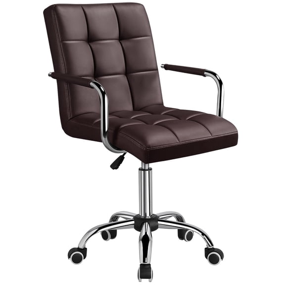 Yaheetech Height Adjustable Office Chair Mid Back PU Leather 360° Swivel Large Seat Stylish Office Chair on Wheels with Armrests, Brown