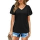 thumbnail image 1 of Tops con cuello en V Color puro Suave para la piel Tops con mangas abullonadas Camisetas de manga corta para ir de compras todos los días Negro S, 1 of 6