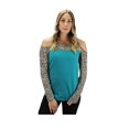 thumbnail image 2 of Womens Shirt Cheetah Leopard Cold Shoulder Cut Out Long Sleeve Top Turquoise Blue S-2X, 2 of 3