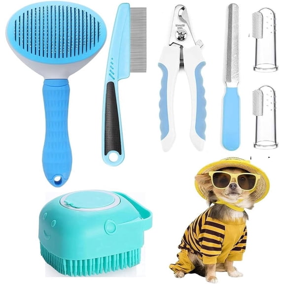 7pcs Pet Grooming Kit – Puppy Brush for Small Dogs and Cats, Self-Cleaning Dog Brush Set with Nail Clipper, Flea Comb, Bath Brush, Toothbrush, Storage Bag (Blue)