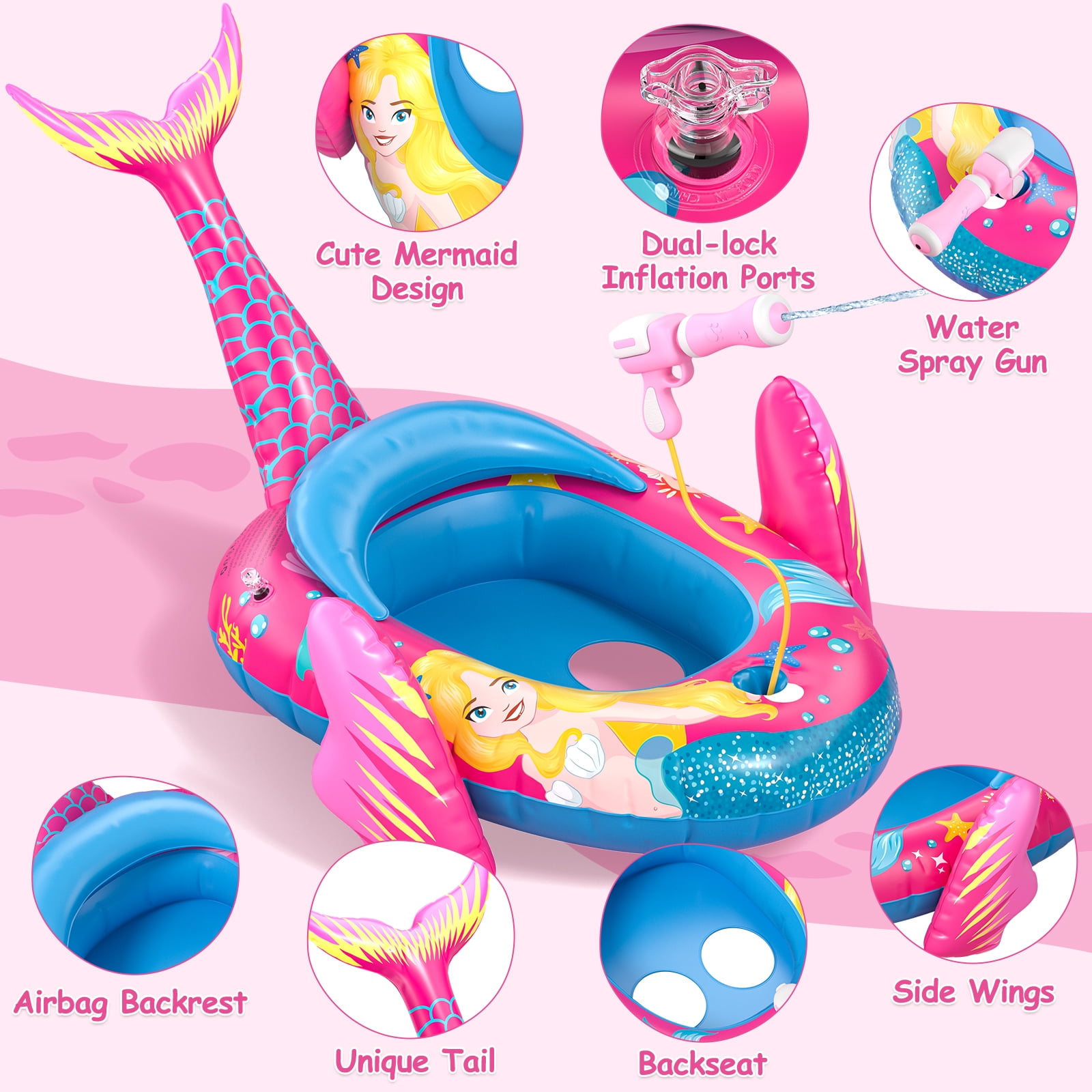 Kids Pool Floats with Water Gun, Mermaid Toddler Inflatable Pool Toys for Kids Age 3-8 Years Old, Summer Outdoor Water, Beach, Swimming Pool Toys Gift