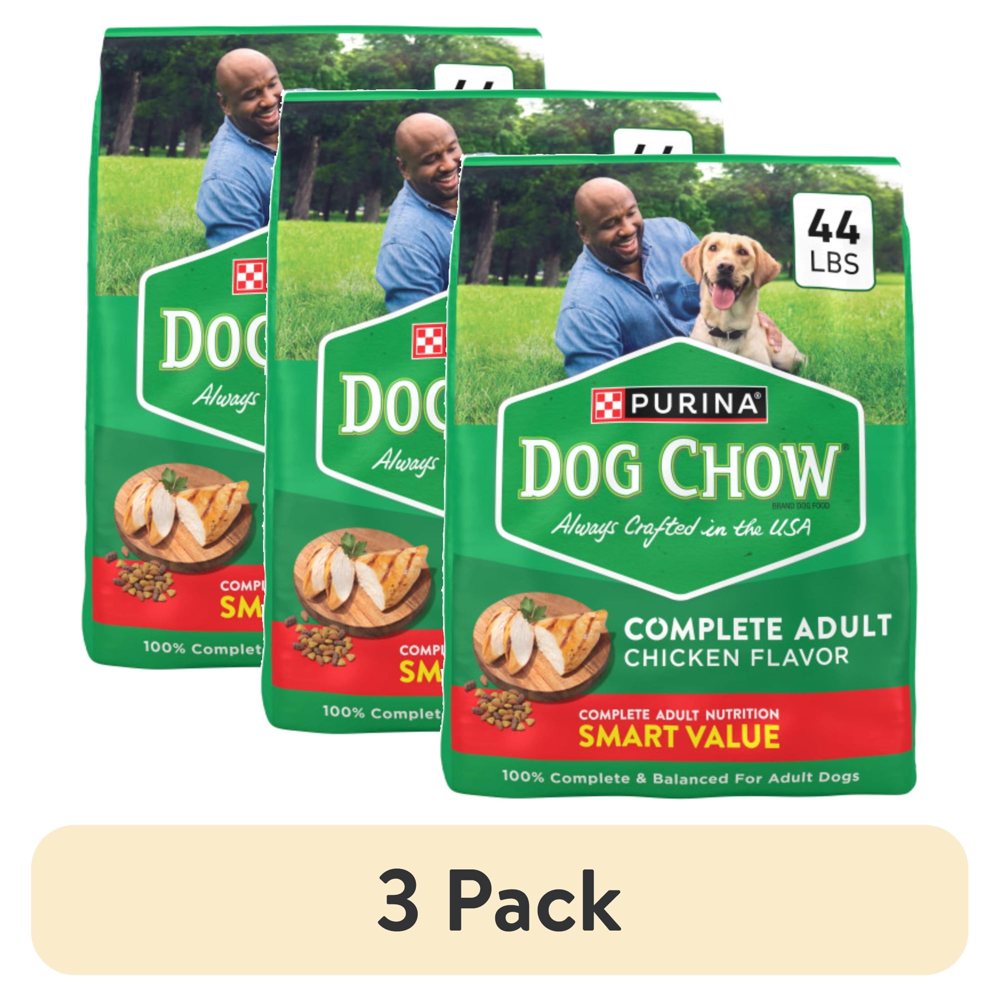 (3 pack) Purina Dog Chow Complete, Dry Dog Food for Adult Dogs High Protein, Real Chicken, 44 lb Bag