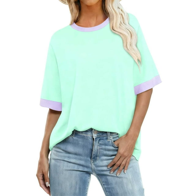 Womens T-Shirt,Casual Plus Size Round Neck Short Sleeve Patchwork Color Base Layer,Plus Size Wear