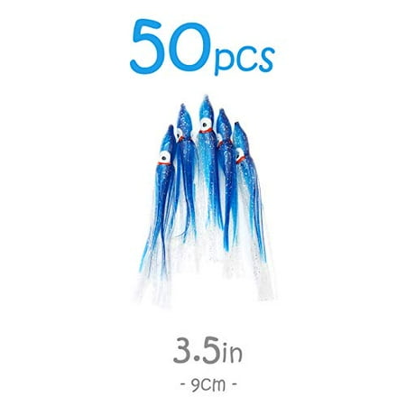 50pcs !® 3.5 Squid Skirts 9cm Octopus Hoochies Fishing Soft Lure - Blue Clear Bling