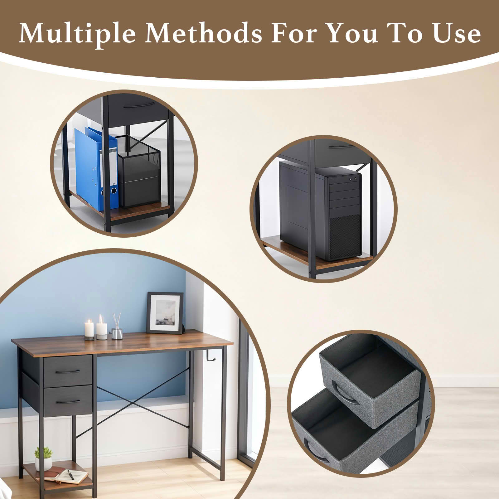MAYEERTY 47in Computer Desk, Adjustable Position Drawers Side Hooks, Modern Study Workspace