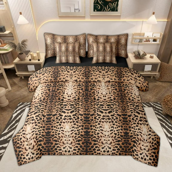Manfei Luxury Brown Leopard Print Twin Bedding Sets 7-Piece, Gradient Cheetah Bedding Comforter Set, Animal Theme Sheet Sets