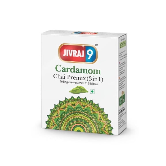 Jivraj9 Instant Tea Premix | Cardamom Tea Premix | Elaichi Flavour, Chai Powder | 8.4oz (240g), 10 Sachets