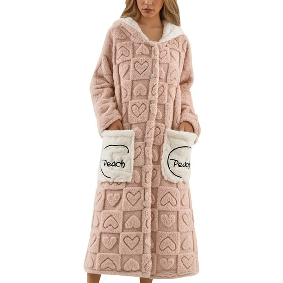 CAIXIA House Coats For Women With Pockets Women's Cozy Flannel Hooded Robe Plaid Heart Print Loungewear Soft Warm Bathrobe For Winter Relaxing Sleepwear