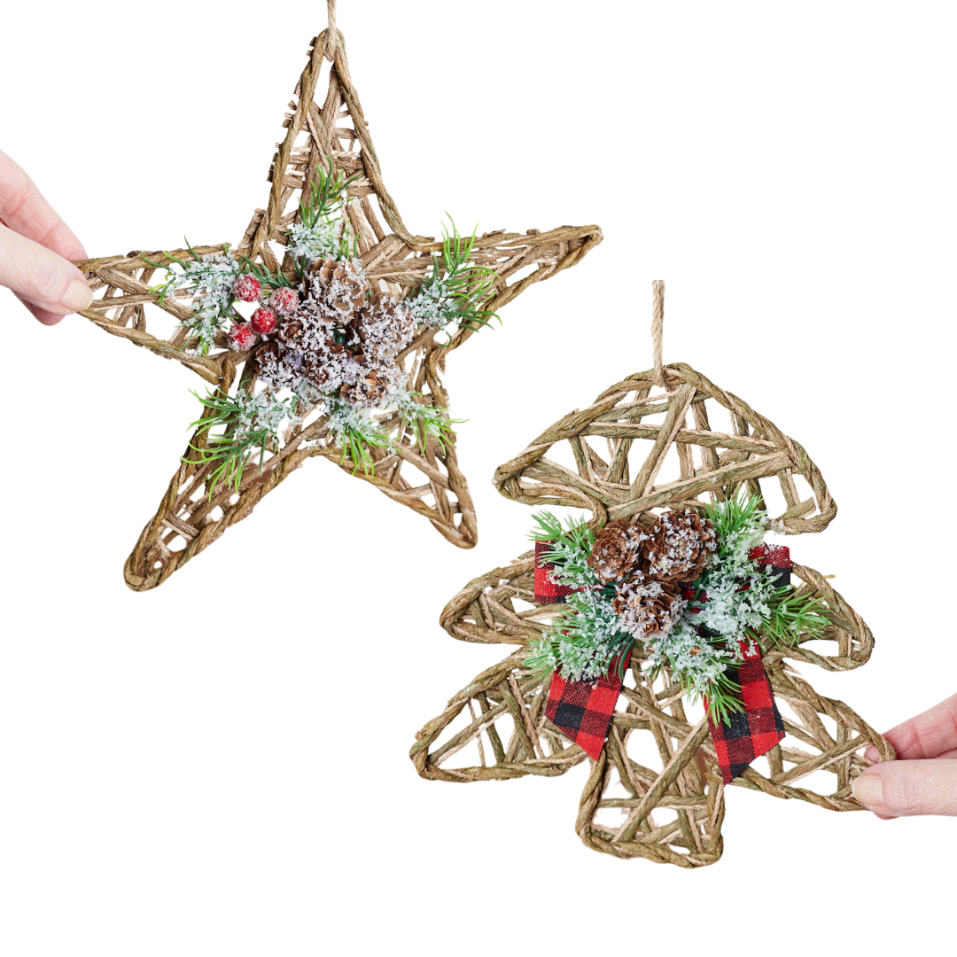 4pc Woven Jute Tree and Star Shaped Ornament Set - for Christmas Decor - Factory Direct Craft