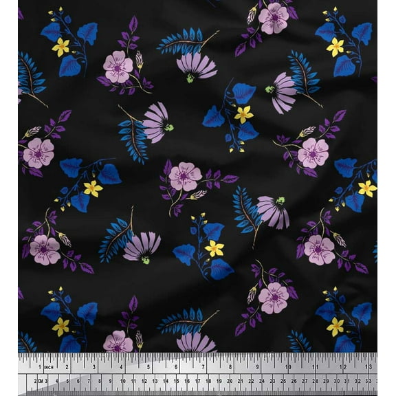 Soimoi Cotton Duck Fabric Leaves & Periwinkle Floral Printed Craft Fabric by the Yard 42 Inch Wide