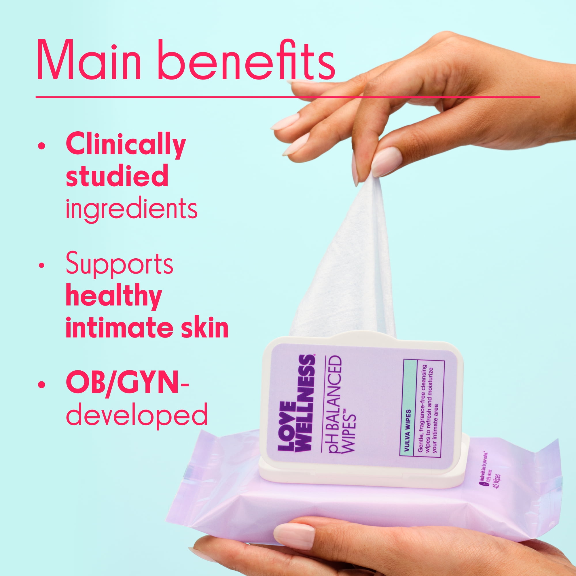 Love Wellness pH Balanced Feminine Wipes, Sensitive Skin, Face & Body, Fragrance-Free, 40 Count