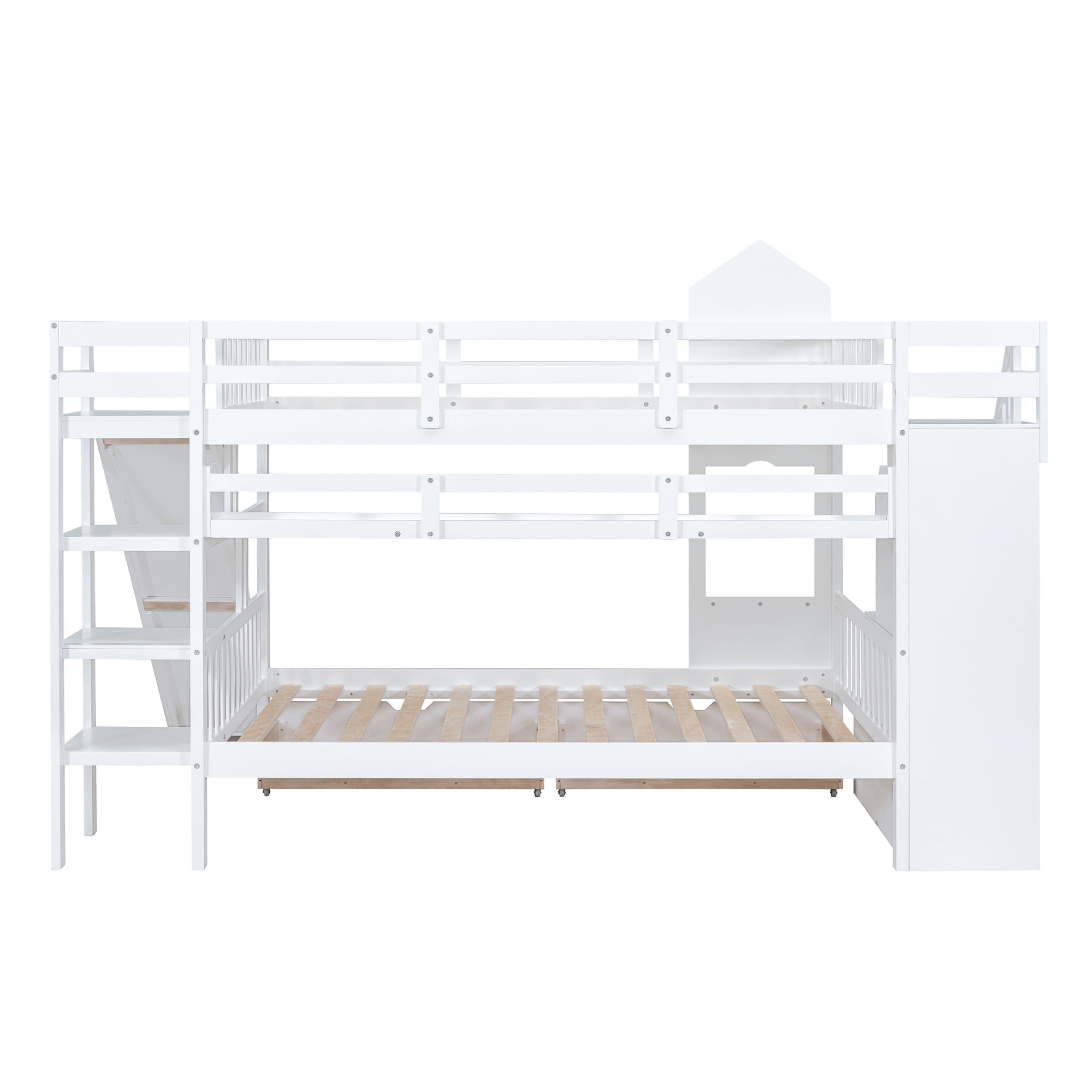 Full over Full Bunk Bed for Kids, Castle Style Bunk Beds with 2 Drawers, Slide and Storage Shelves, Solid Wood Bunk Bed Frame for Kids Girls Boys Teens