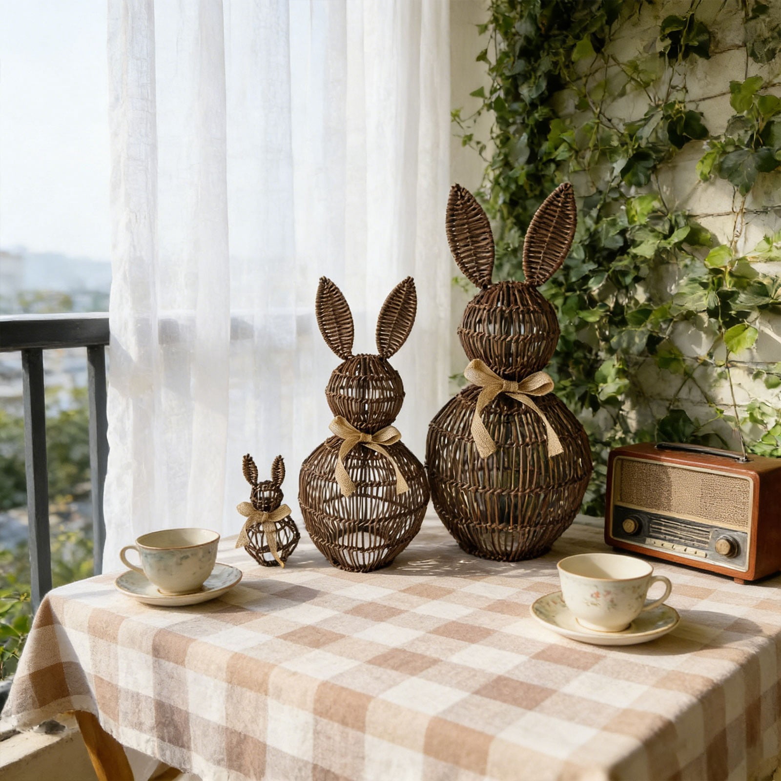 ERTZAE Easter Bunny Decor,Spring Rabbit Decor,Table Rabbit Decor,Artificial Wicker Bunny,Spring Tiered Tray Decor,Small Brown Handwoven Rattan Bunny Basket 8Inch,Rustic Easter Tabletop Ornament