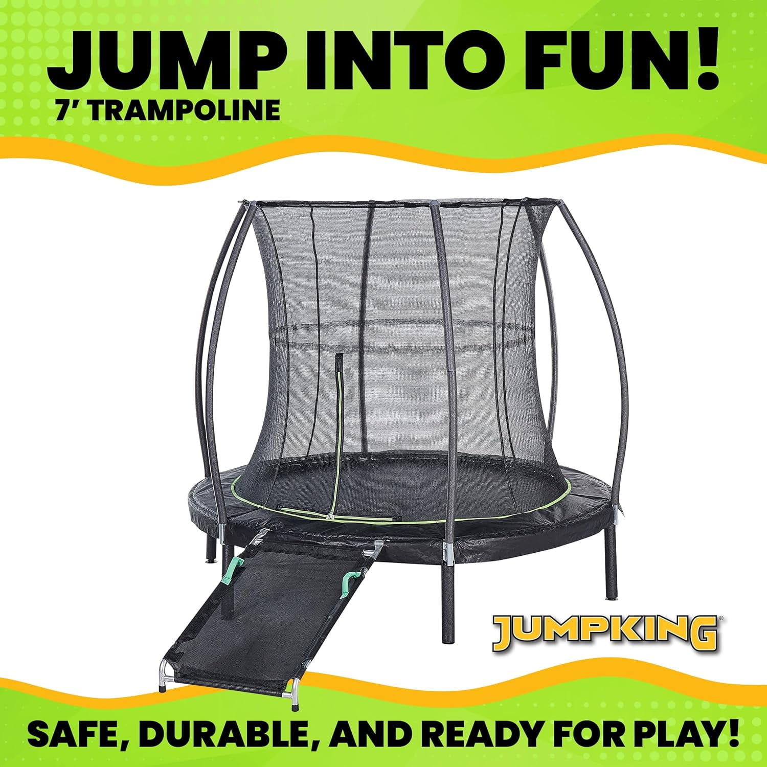 JumpKing 7ft Round Trampoline with Enclosure and Ramp – Perfect for Indoor and Outdoor Fun!