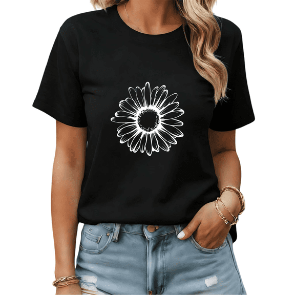 Black Print Tshirt Graphic Tees Shirts Line Art Daisy Minimalist Fashion Wear S-5XL Tops