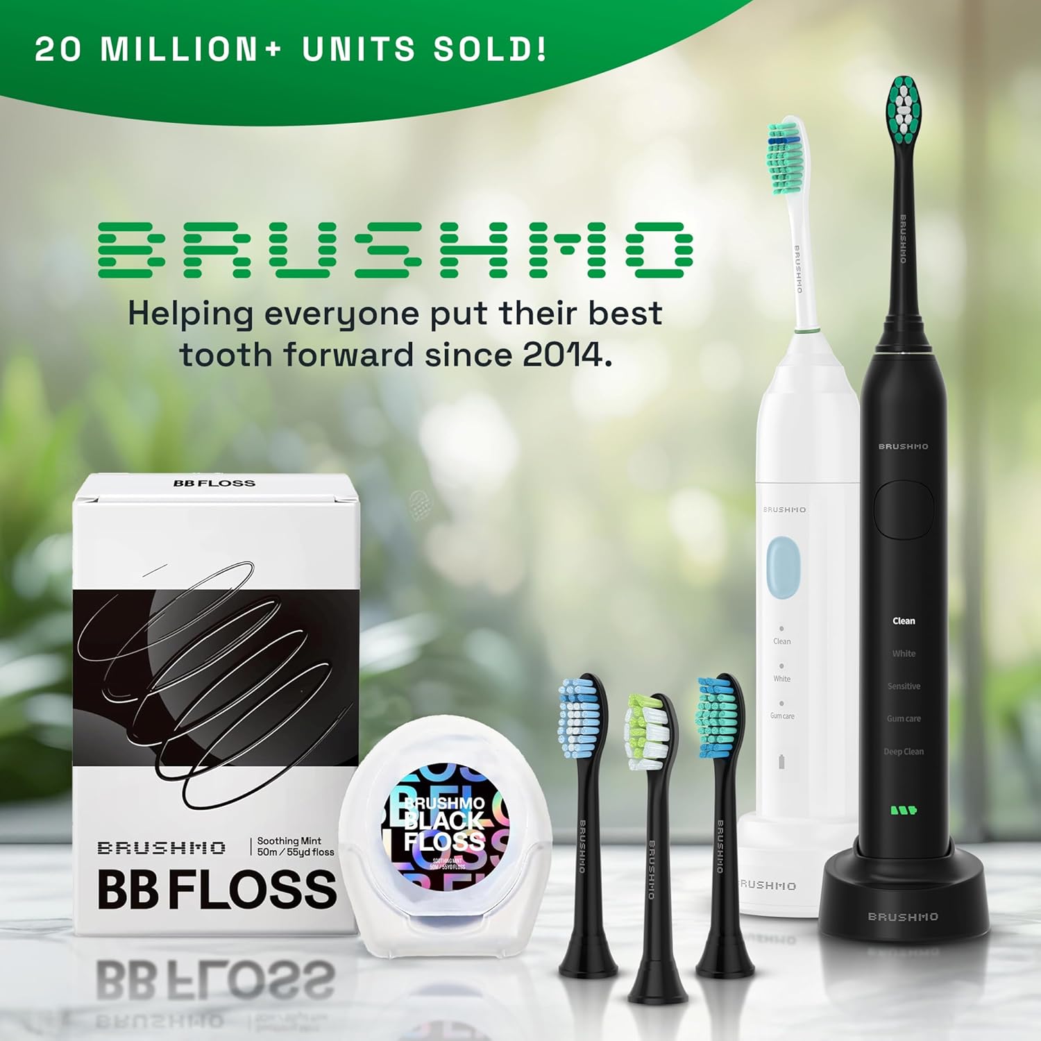 Brushmo Super Sonic Rechargeable Toothbrush, 5 Brushing Modes, Includes 4 Brush Heads, 2-min Timer, 30-Day Battery, Charging Base, Midnight Black
