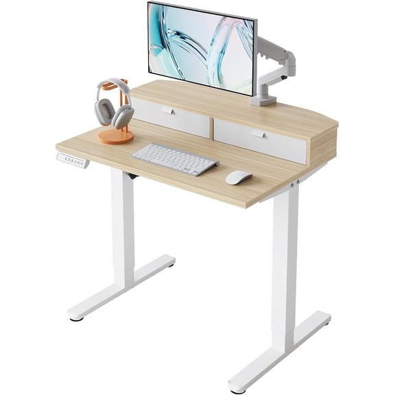 32" X 21" Electric Standing Desk with 2 Drawers, C-Clamp Mount Compatible, Height Adjustable Computer Desk, Home Office Stand Up Desk with 4 Preset Heights & 2 Hooks, Light Walnut