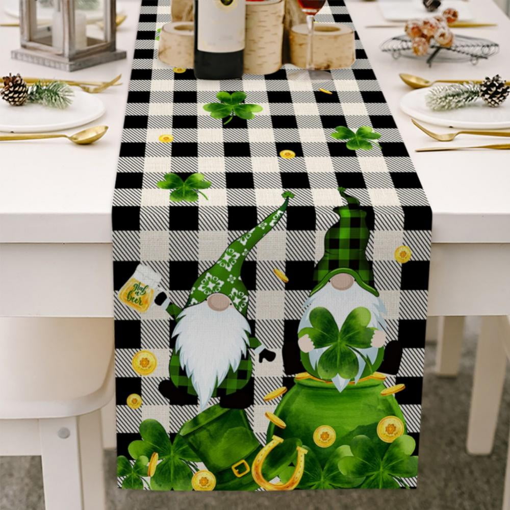 Rustic Farmhouse Style Natural Burlap Table Runner with St Patrick's Day Green Ruffles