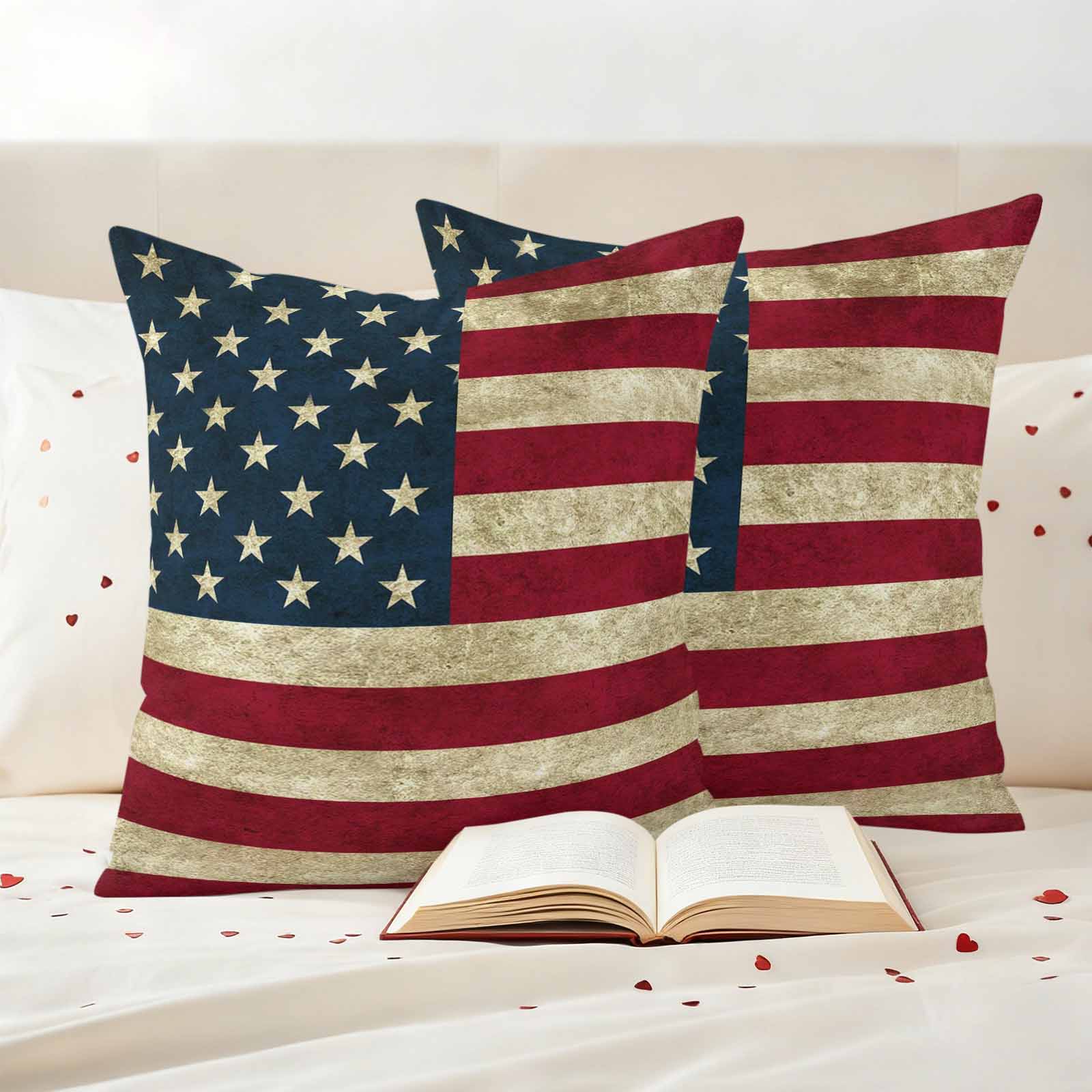 Vintage American Flag Outdoor Waterproof Pillow Covers, Shabby US Star Strips Flag Decorative Square Throw Pillowcase Sofa Cushion Sham for Patio/Couch/Chair, 18"x18" 2 Pack