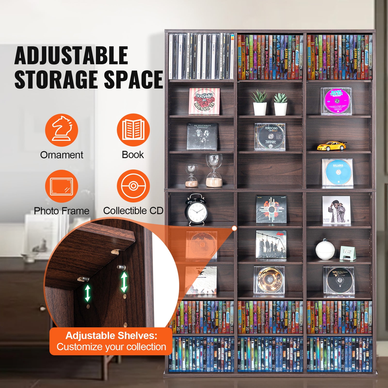 SKYSHALO Media Organizer Cabinet, 9-Tier DVD Rack for 756 CDs, Flexible CD Shelving with 27 Units, Safeguards & Sorts Music, Films, Video Games & Collectibles, Espresso Finish