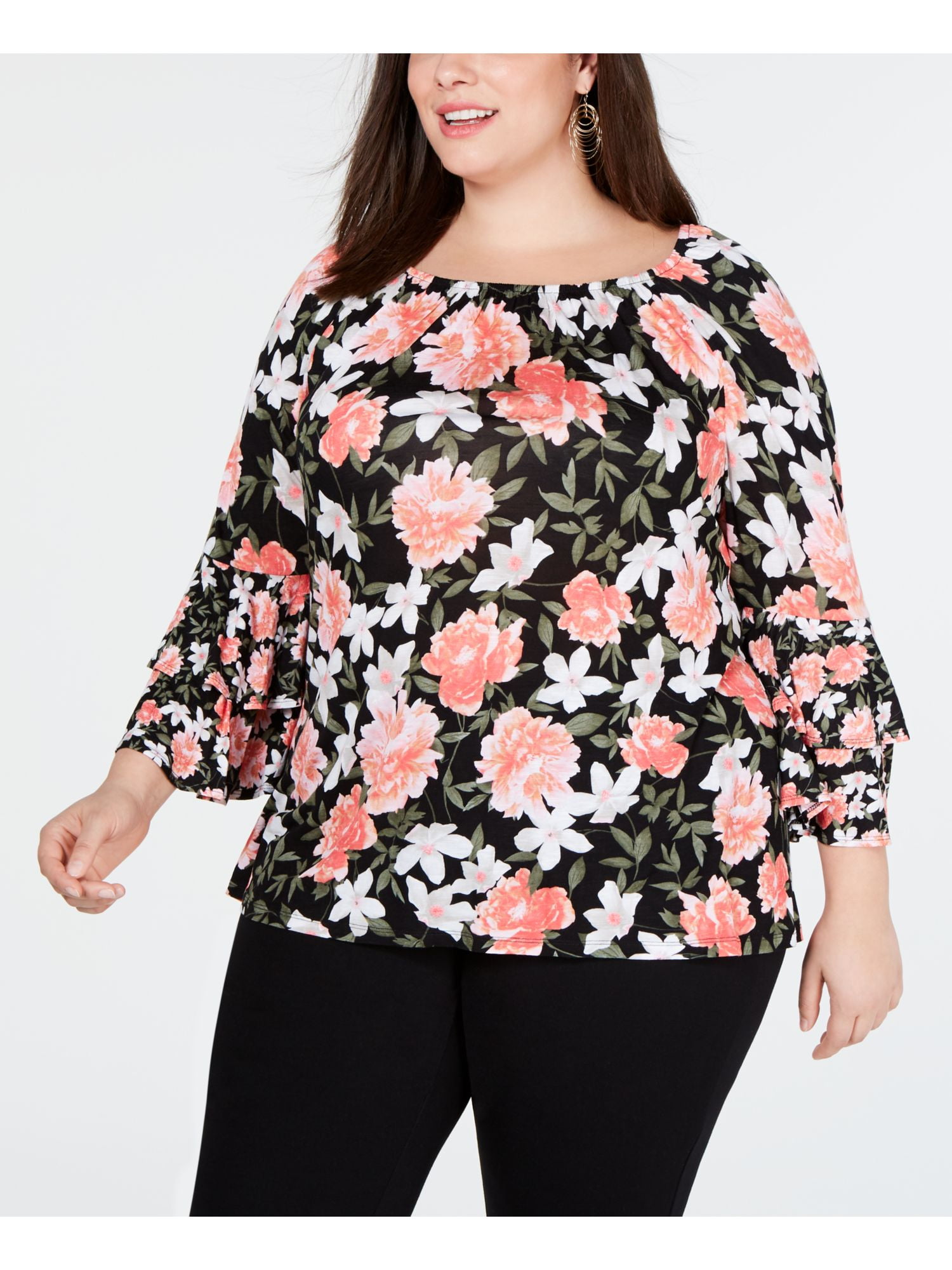 INC - INC Womens Black Floral Long Sleeve Jewel Neck Peasant Top Plus ...