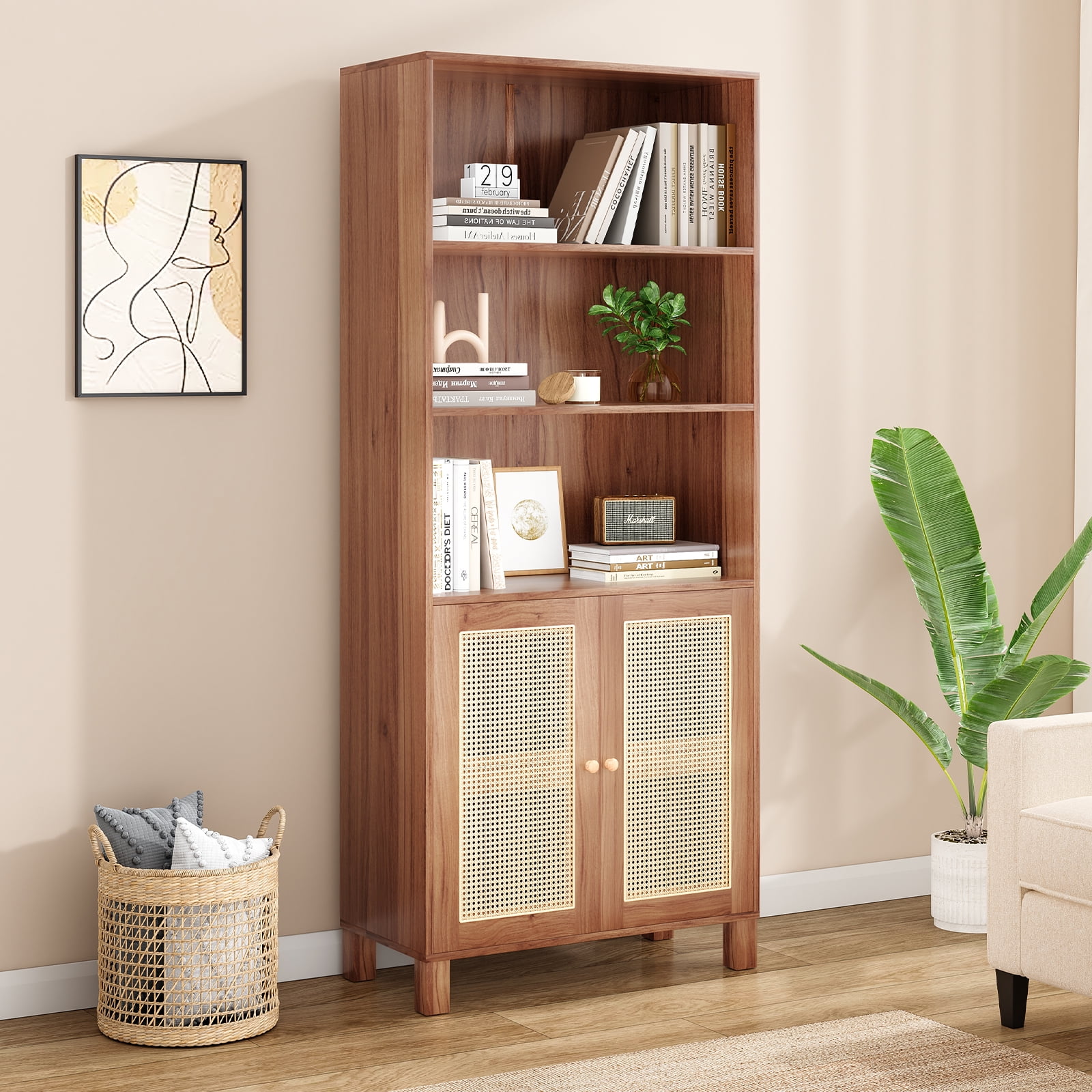 Aukfa Tall Storage Cabinet with Rattan Doors, 5-Tier Wooden Bookcase, Farmhouse Multi-Purpose Cabinet for Living Room,Walnut