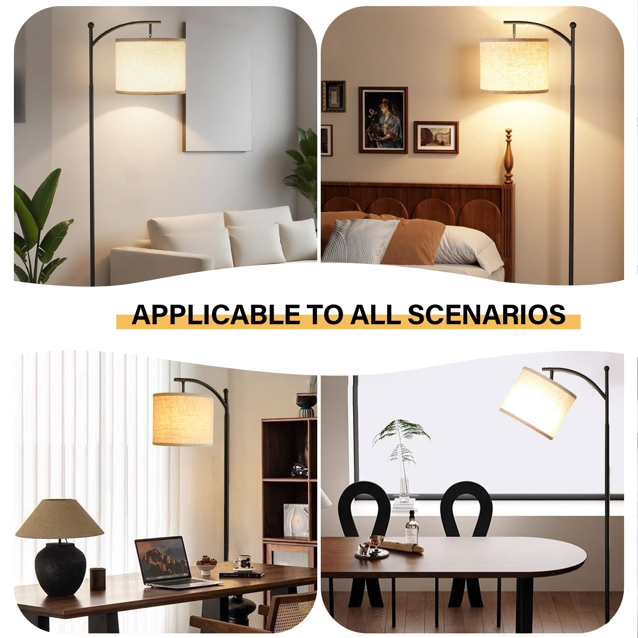 Dimmable Floor Lamp with Remote , Arc Floor Lamps for Living Room, Modern Standing Lamp with Linen Shade & 3 Color Temperatures LED Bulb, Tall Lamp for Bedroom Office Dining Room- Black