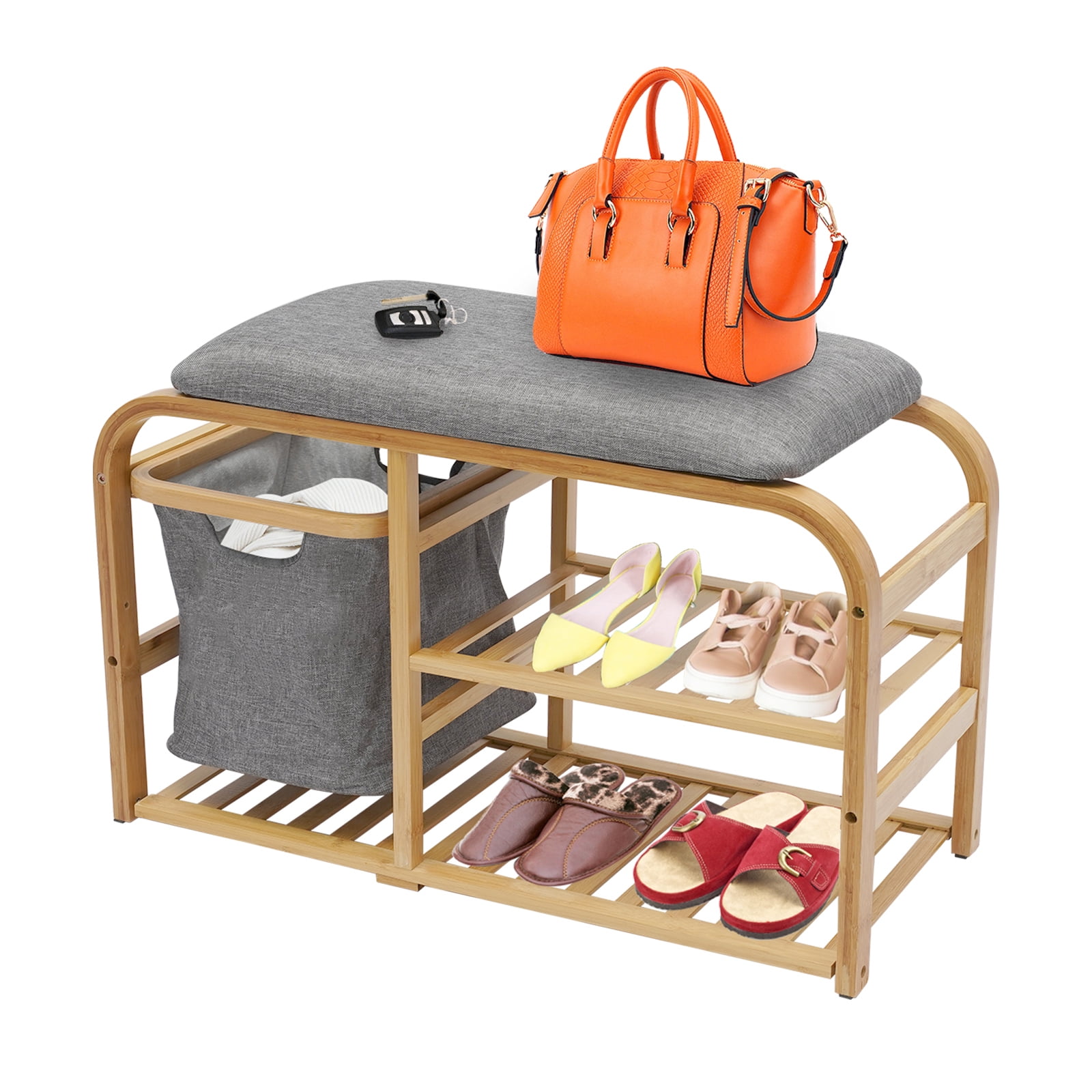 Wuzstar Entryway Shoe Rack Bench, Bamboo Shoes Storage Bench w/ Fabric
