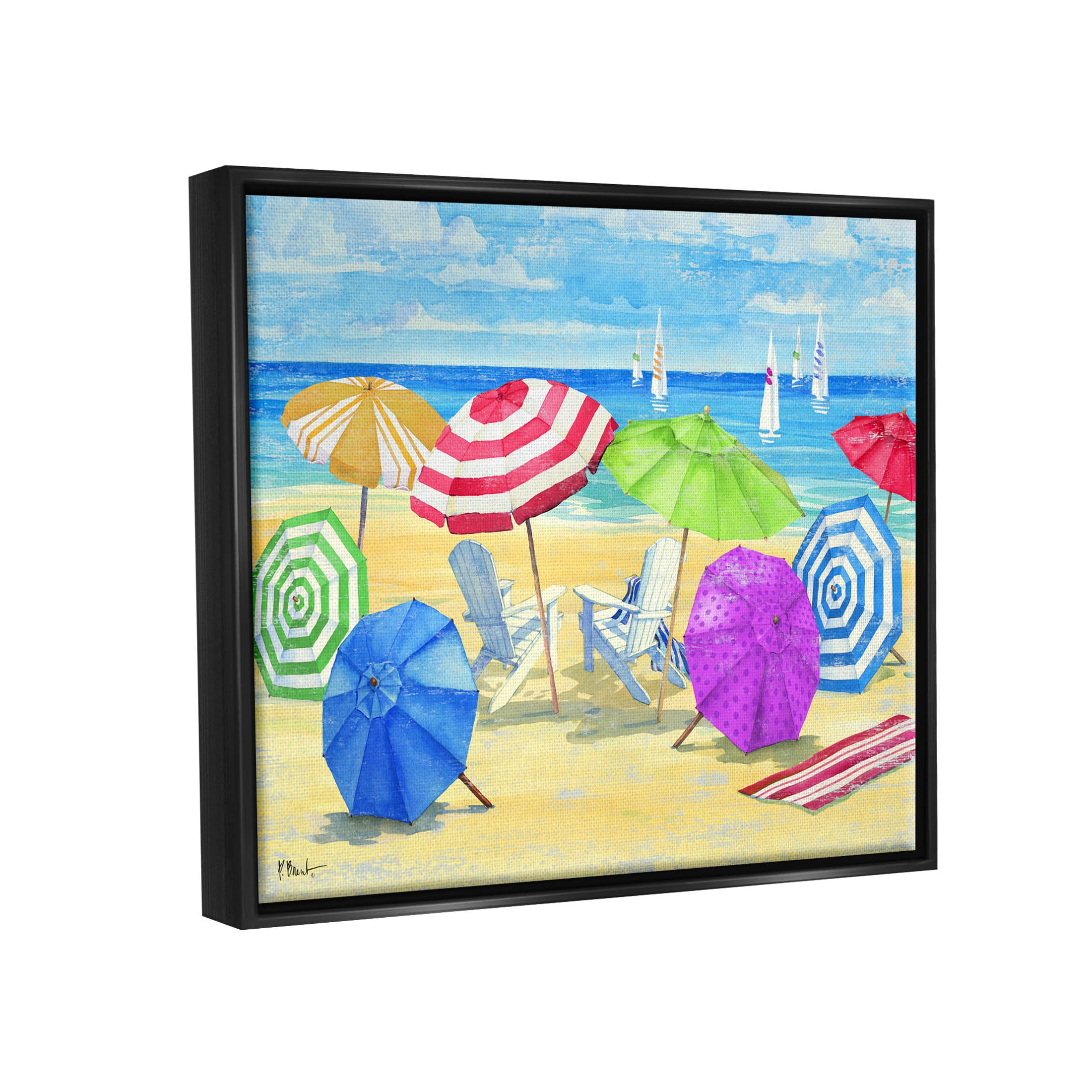 Stupell Industries Umbrella Coast Vibrant Beach Landscape Painting Jet Black Floating Framed Canvas Print Wall Art, Design by Paul Brent